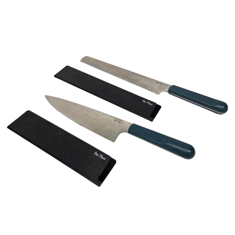 Vtg Our Place Knife Set 2pc Blue‎ Salt Chef & Serrated Bread Knives with Sheaths